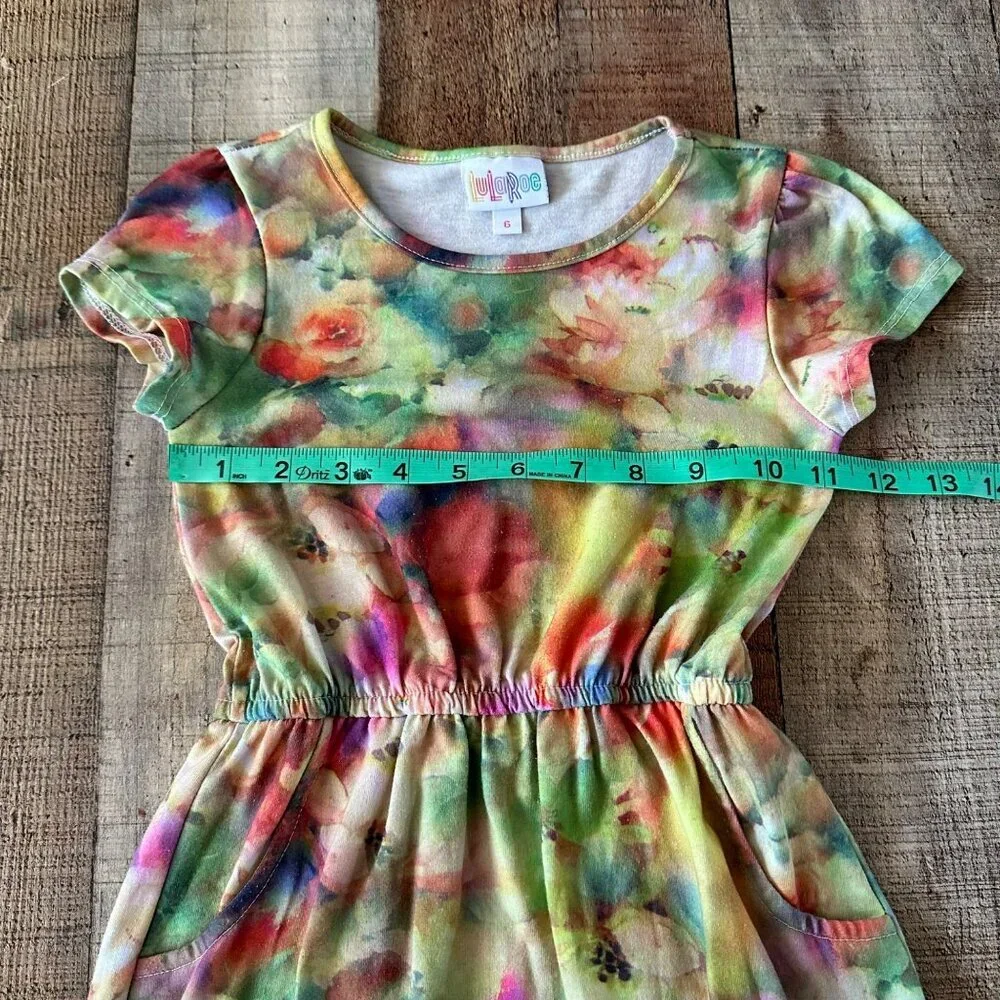 Lularoe Girls Floral Tie-Dye Dress Size 6 Elastic Waist Short Sleeve Knee Length